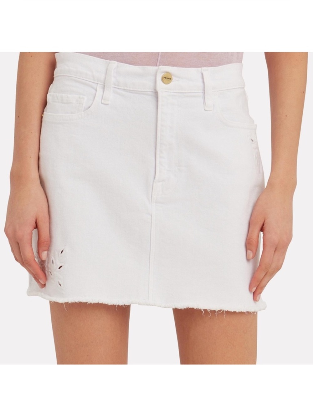 NWT Frame Le Mini Foliage Eyelet Denim  27 White Cutout Raw Hem Embroidered